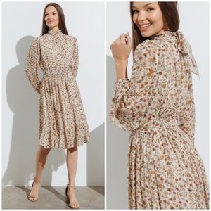 POLAGRAM Beige Floral Long Sleeves Mock Neck Midi Dress